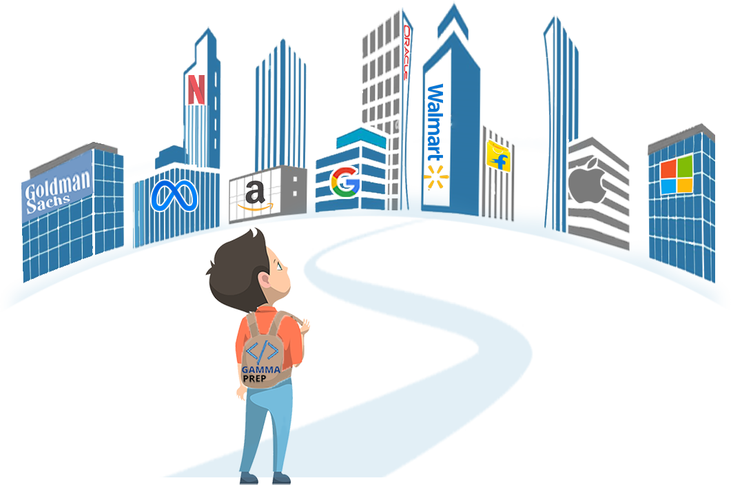 Student with Gamma Prep backpack looking at top tech companies - Goldman Sachs, Meta, Amazon, Google, Walmart, Apple, Microsoft